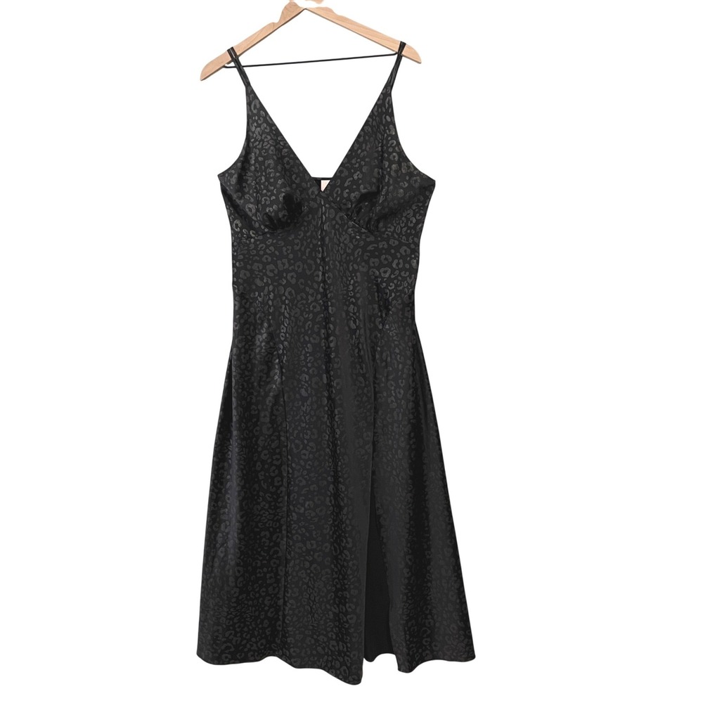 Cabernet by Sleep Sense Slip Dress Chemise Women M Black Leopard Satin Nightclub